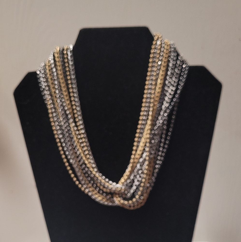 3-Tone Chain Necklace Multi Strand Industrial Gunmetal, Gold, & Silver Tones